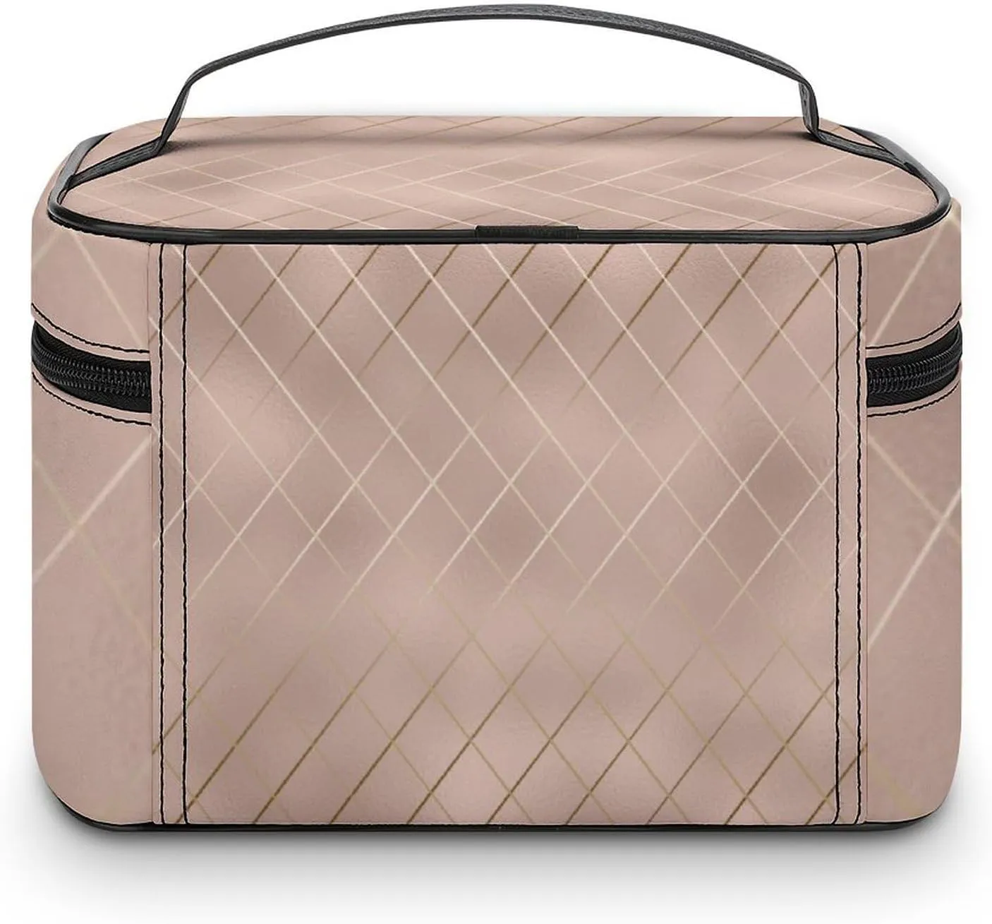 Leather Cosmetic Case, Luxury Rose Gold Lines Portable Makeup Bag Organizer Large Capacity Travel Toiletry Bag with Zipper