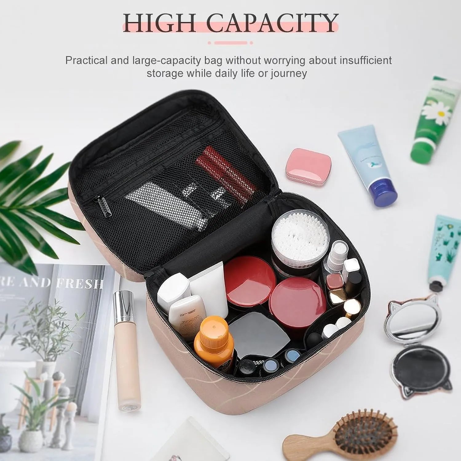 Leather Cosmetic Case, Luxury Rose Gold Lines Portable Makeup Bag Organizer Large Capacity Travel Toiletry Bag with Zipper