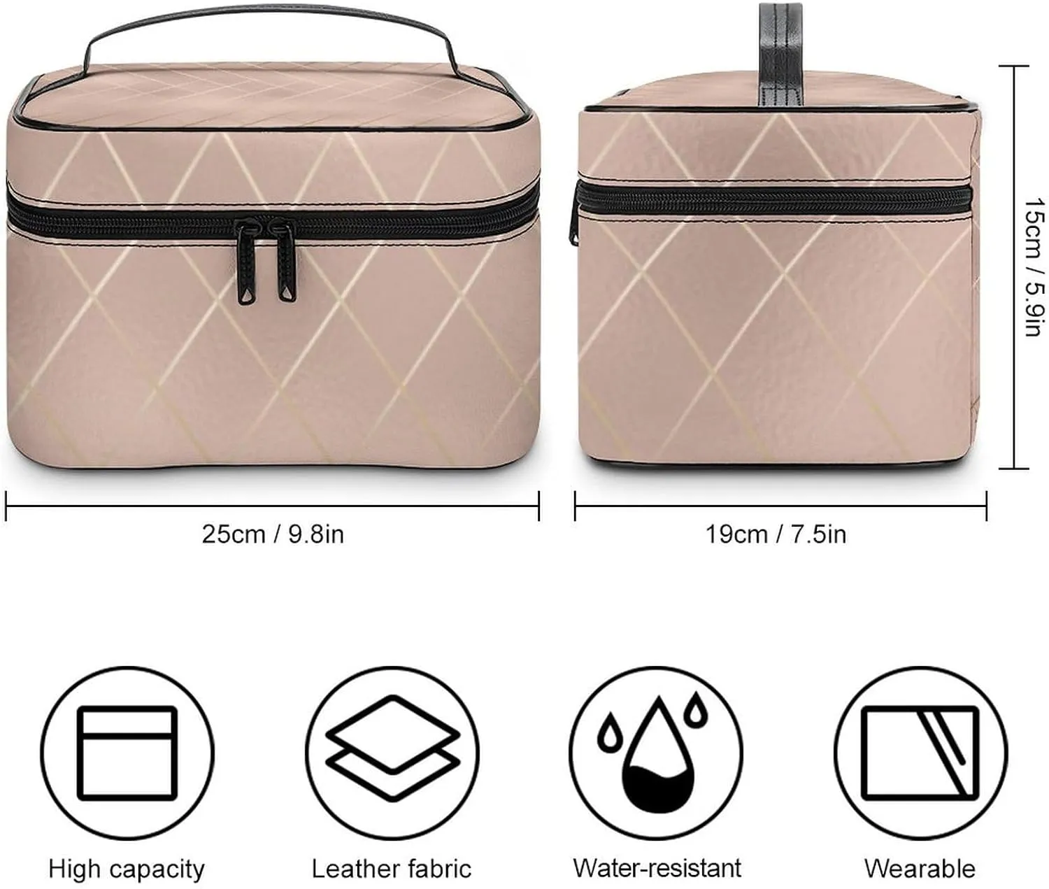 Leather Cosmetic Case, Luxury Rose Gold Lines Portable Makeup Bag Organizer Large Capacity Travel Toiletry Bag with Zipper