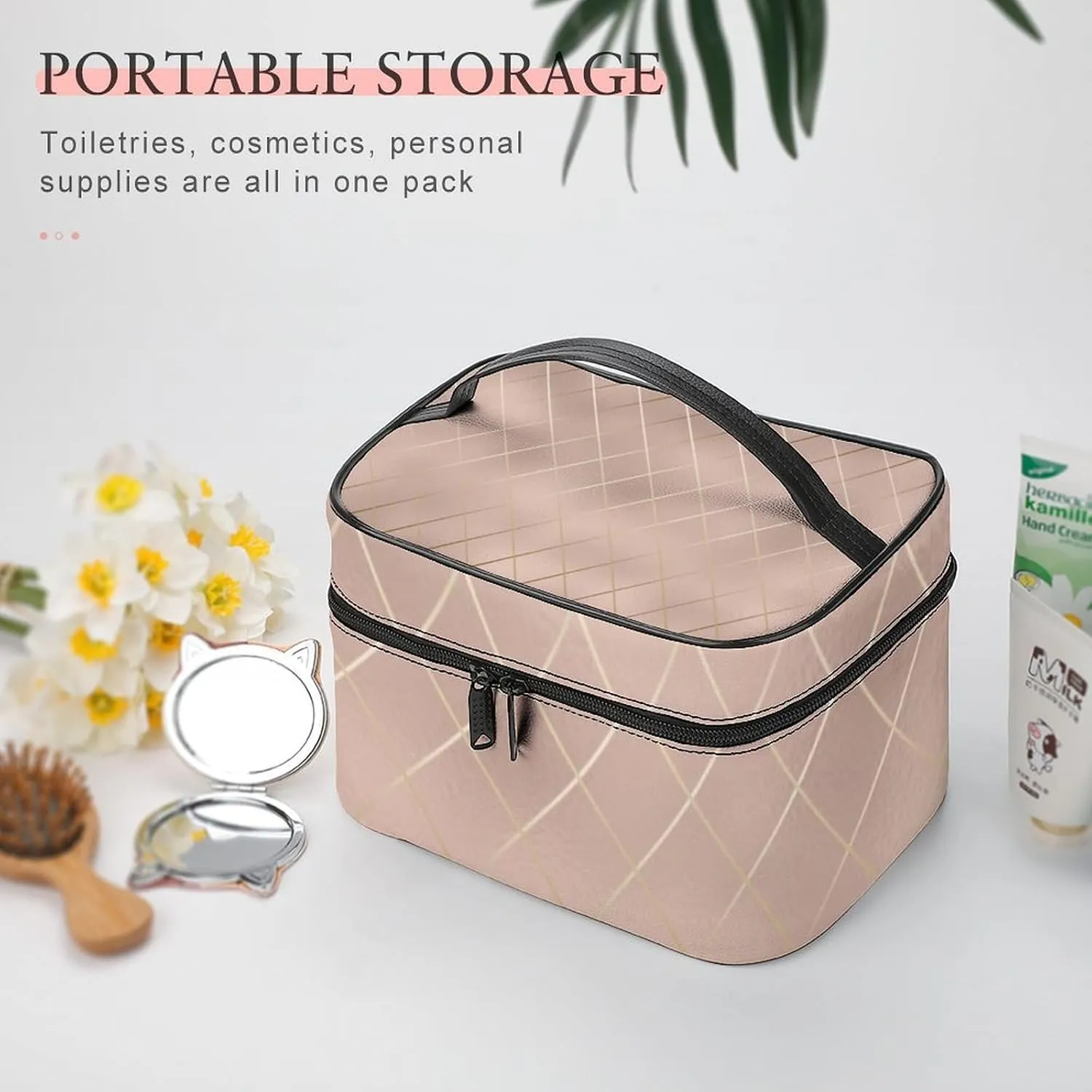 Leather Cosmetic Case, Luxury Rose Gold Lines Portable Makeup Bag Organizer Large Capacity Travel Toiletry Bag with Zipper