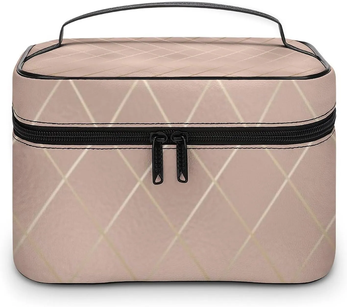Leather Cosmetic Case, Luxury Rose Gold Lines Portable Makeup Bag Organizer Large Capacity Travel Toiletry Bag with Zipper