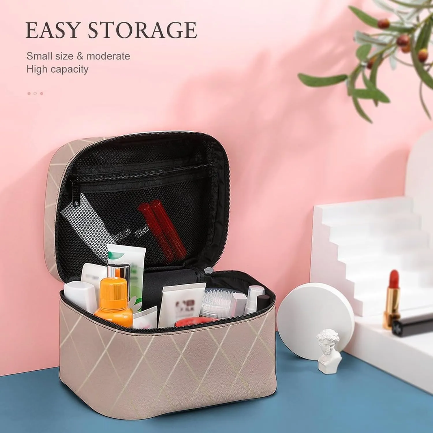 Leather Cosmetic Case, Luxury Rose Gold Lines Portable Makeup Bag Organizer Large Capacity Travel Toiletry Bag with Zipper