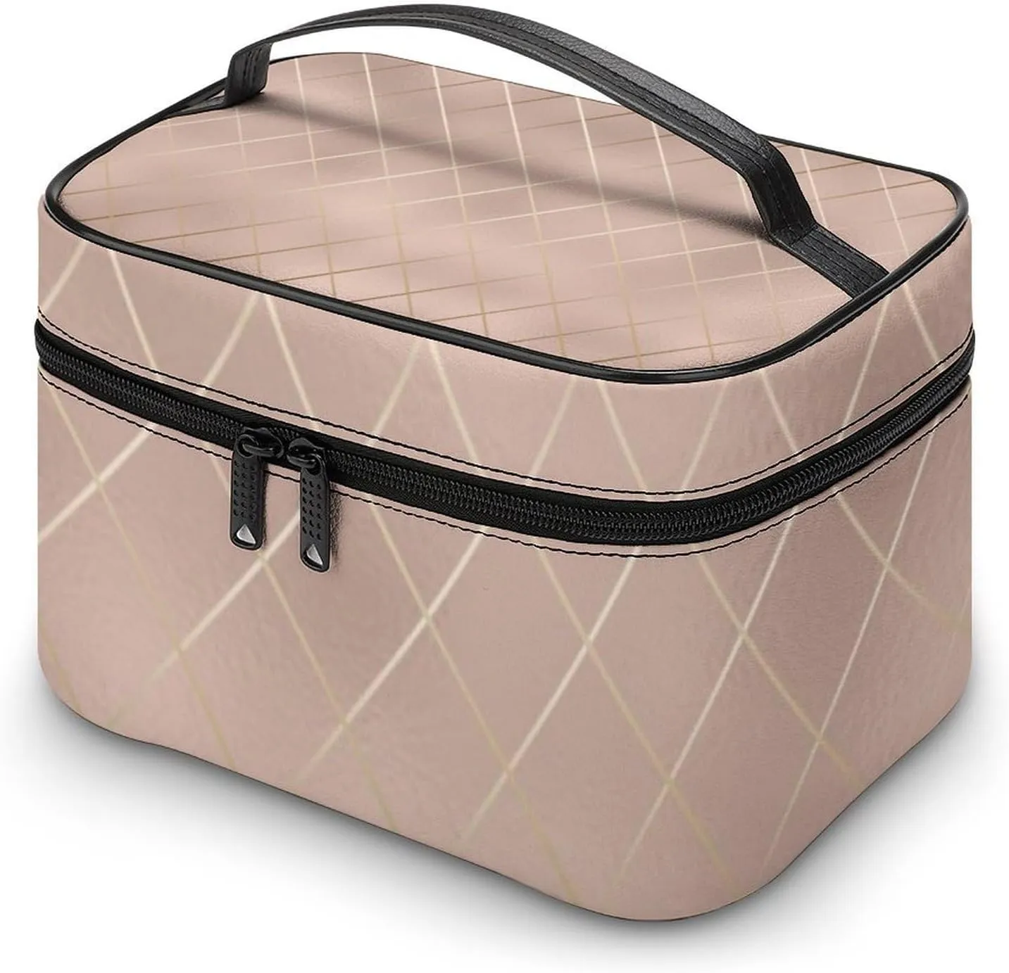 Leather Cosmetic Case, Luxury Rose Gold Lines Portable Makeup Bag Organizer Large Capacity Travel Toiletry Bag with Zipper