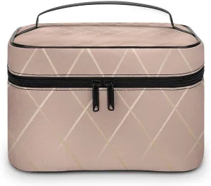 Leather Cosmetic Case, Luxury Rose Gold Lines Portable Makeup Bag Organizer Large Capacity Travel Toiletry Bag with Zipper