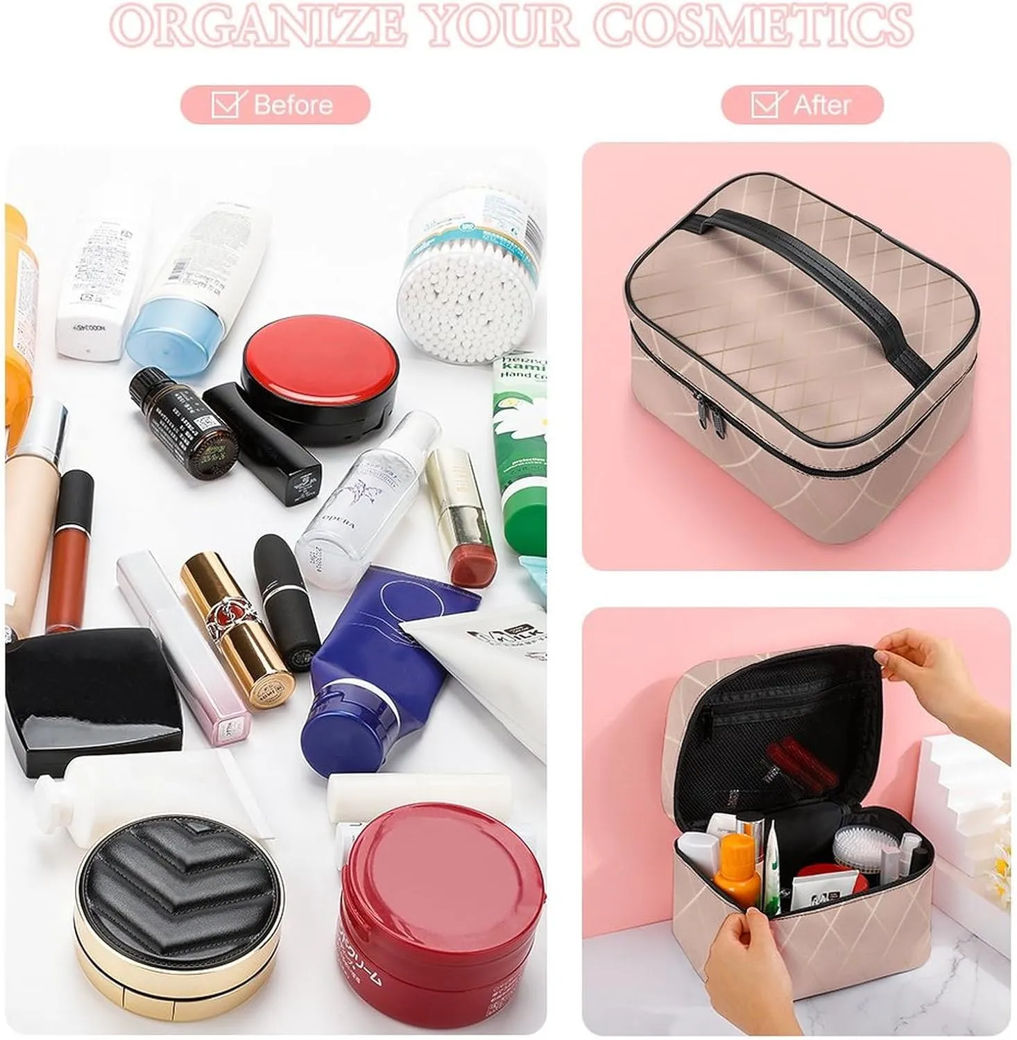 Leather Cosmetic Case, Luxury Rose Gold Lines Portable Makeup Bag Organizer Large Capacity Travel Toiletry Bag with Zipper