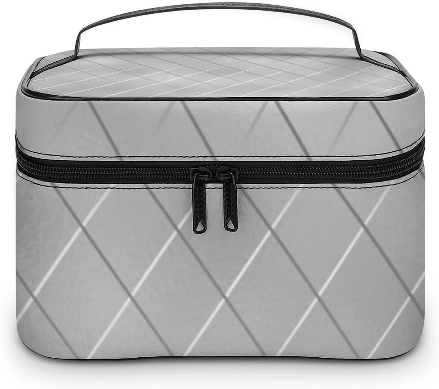 Leather Cosmetic Case, Luxury Silver Lines Portable Makeup Bag Organizer Large Capacity Travel Toiletry Bag with Zipper