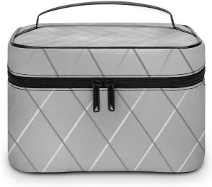 Leather Cosmetic Case, Luxury Silver Lines Portable Makeup Bag Organizer Large Capacity Travel Toiletry Bag with Zipper