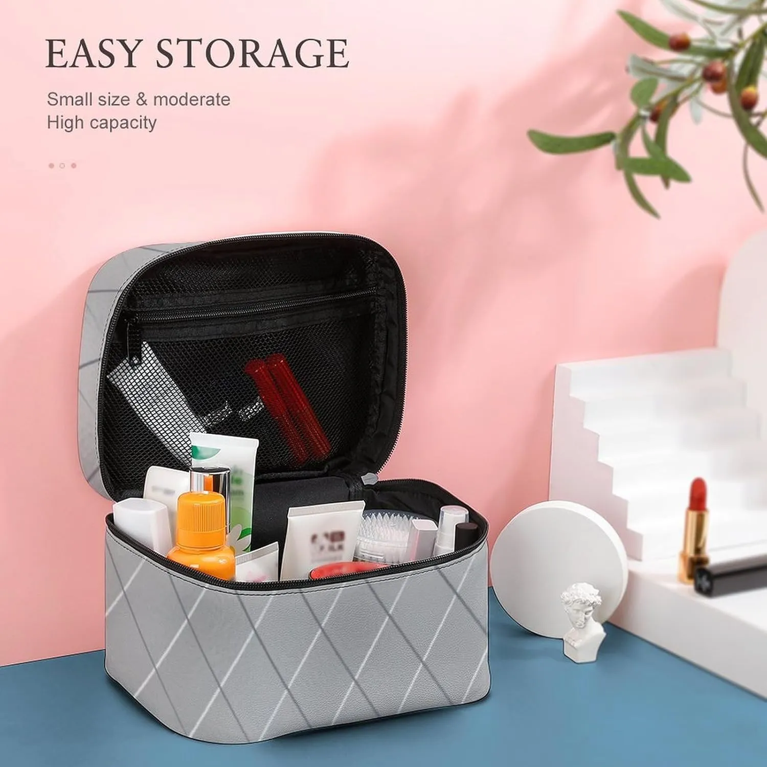 Leather Cosmetic Case, Luxury Silver Lines Portable Makeup Bag Organizer Large Capacity Travel Toiletry Bag with Zipper