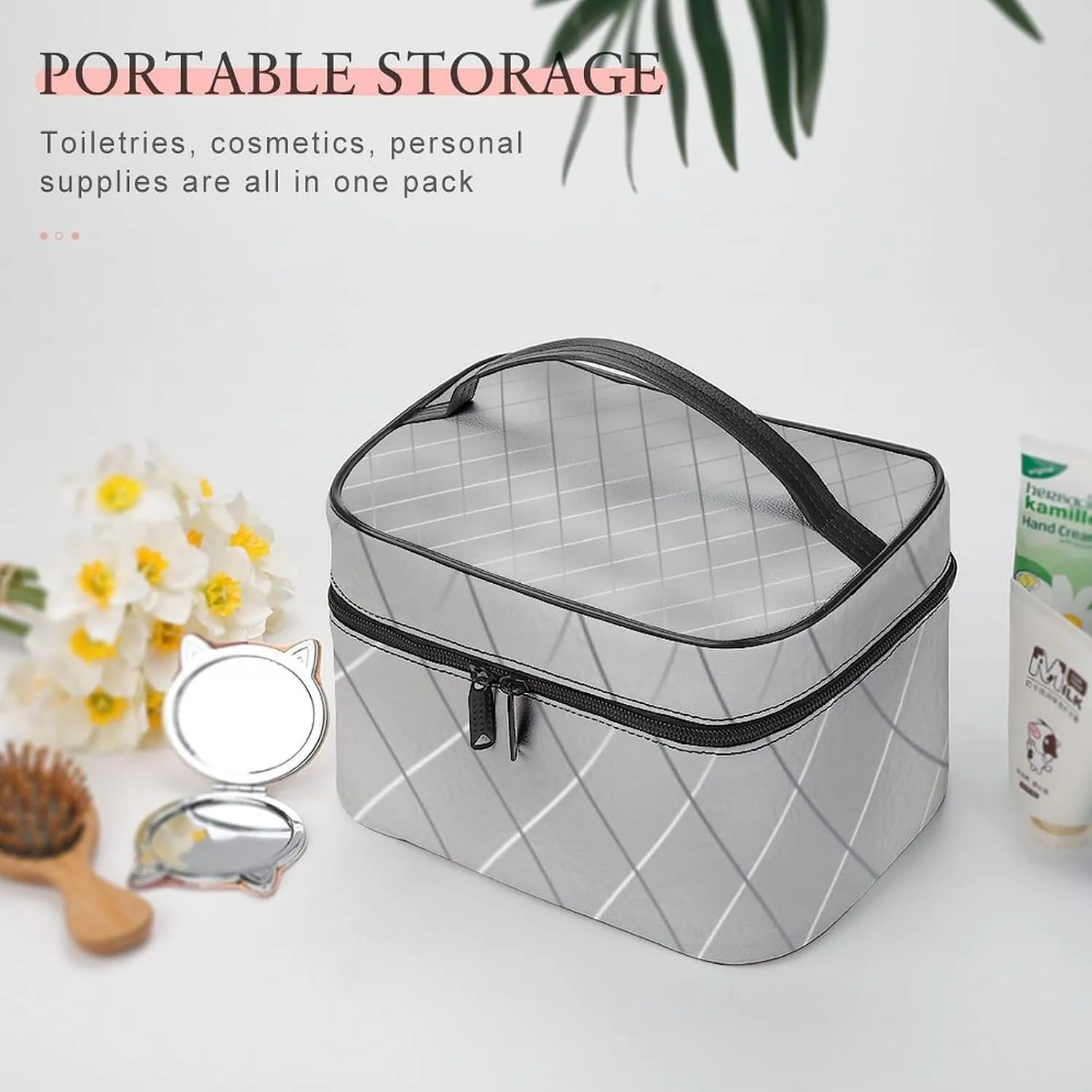 Leather Cosmetic Case, Luxury Silver Lines Portable Makeup Bag Organizer Large Capacity Travel Toiletry Bag with Zipper