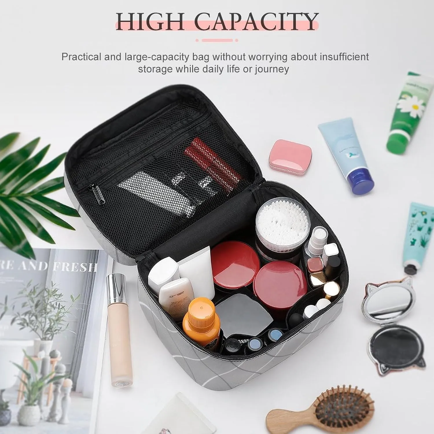 Leather Cosmetic Case, Luxury Silver Lines Portable Makeup Bag Organizer Large Capacity Travel Toiletry Bag with Zipper