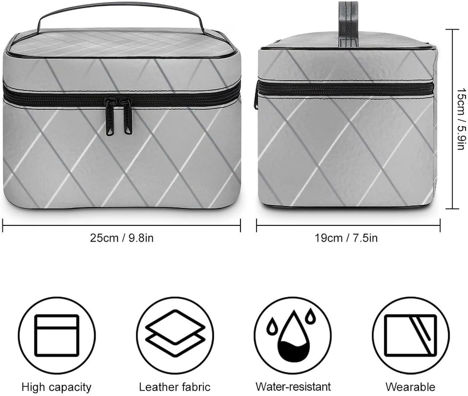 Leather Cosmetic Case, Luxury Silver Lines Portable Makeup Bag Organizer Large Capacity Travel Toiletry Bag with Zipper