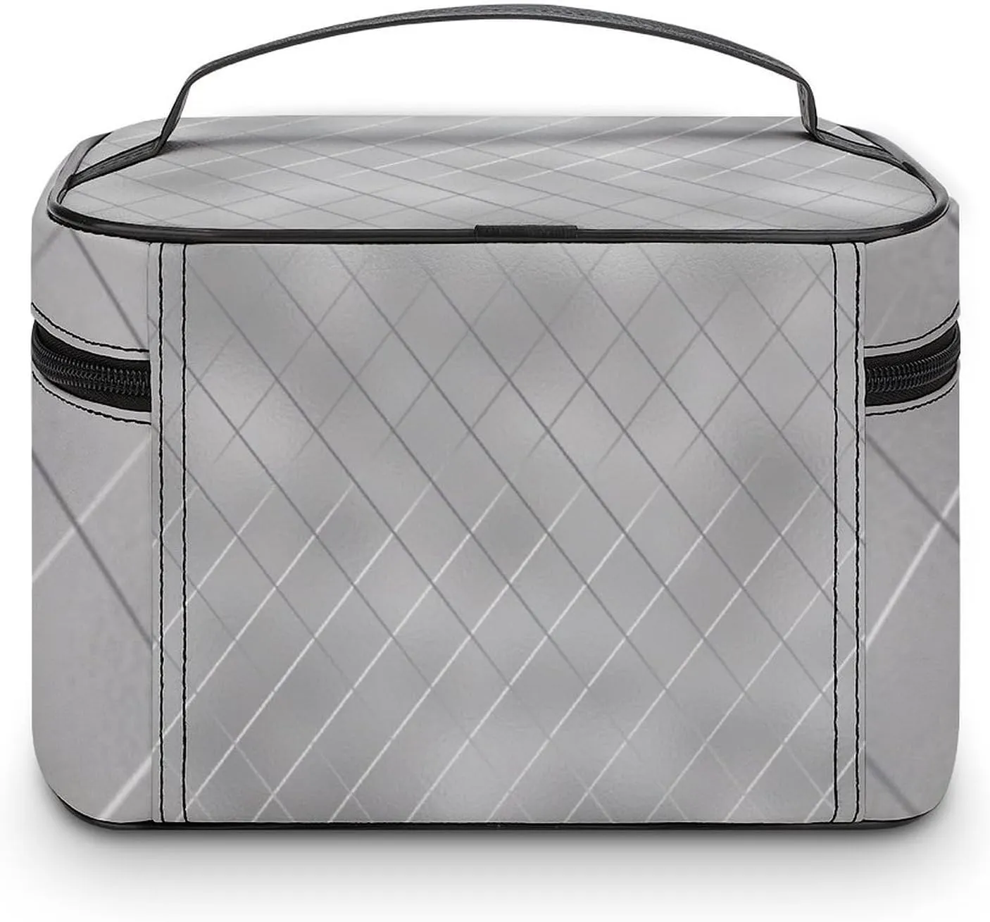 Leather Cosmetic Case, Luxury Silver Lines Portable Makeup Bag Organizer Large Capacity Travel Toiletry Bag with Zipper