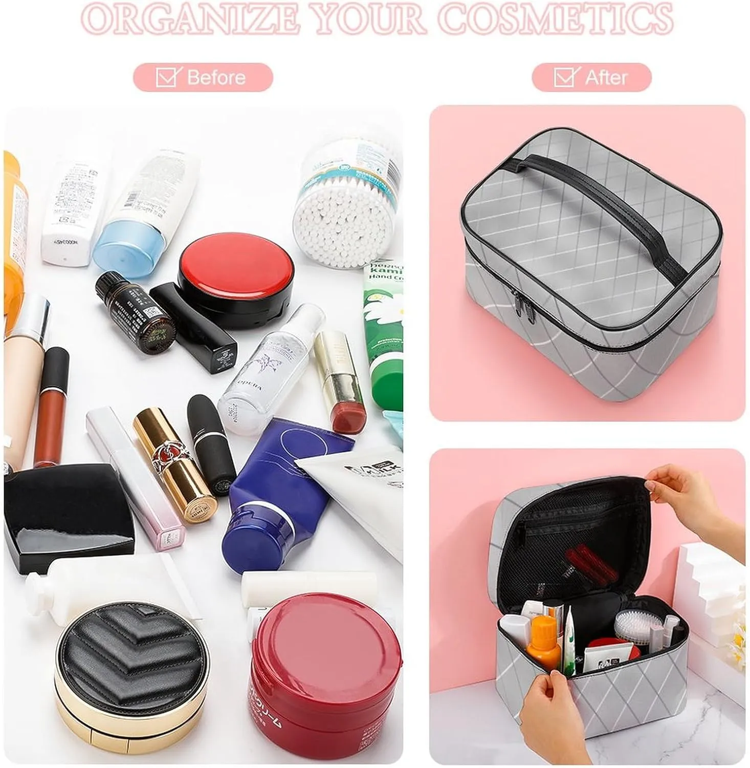 Leather Cosmetic Case, Luxury Silver Lines Portable Makeup Bag Organizer Large Capacity Travel Toiletry Bag with Zipper