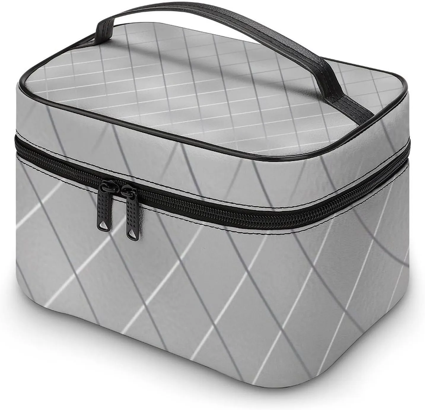 Leather Cosmetic Case, Luxury Silver Lines Portable Makeup Bag Organizer Large Capacity Travel Toiletry Bag with Zipper
