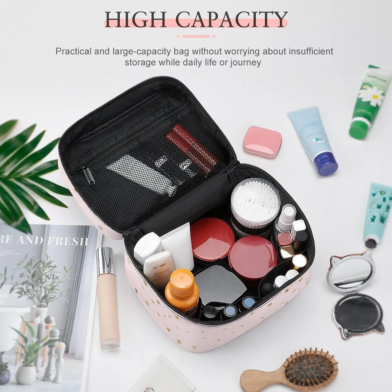 Leather Cosmetic Case, Pink and Gold Star Portable Makeup Bag Organizer Large Capacity Travel Toiletry Bag with Zipper