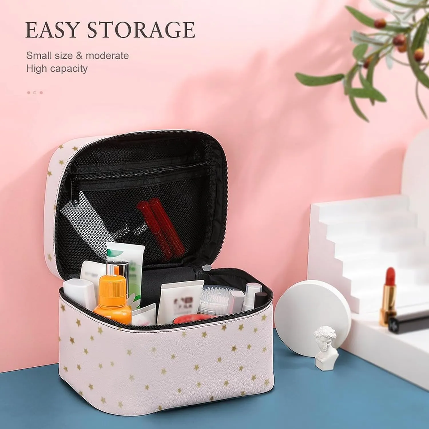 Leather Cosmetic Case, Pink and Gold Star Portable Makeup Bag Organizer Large Capacity Travel Toiletry Bag with Zipper