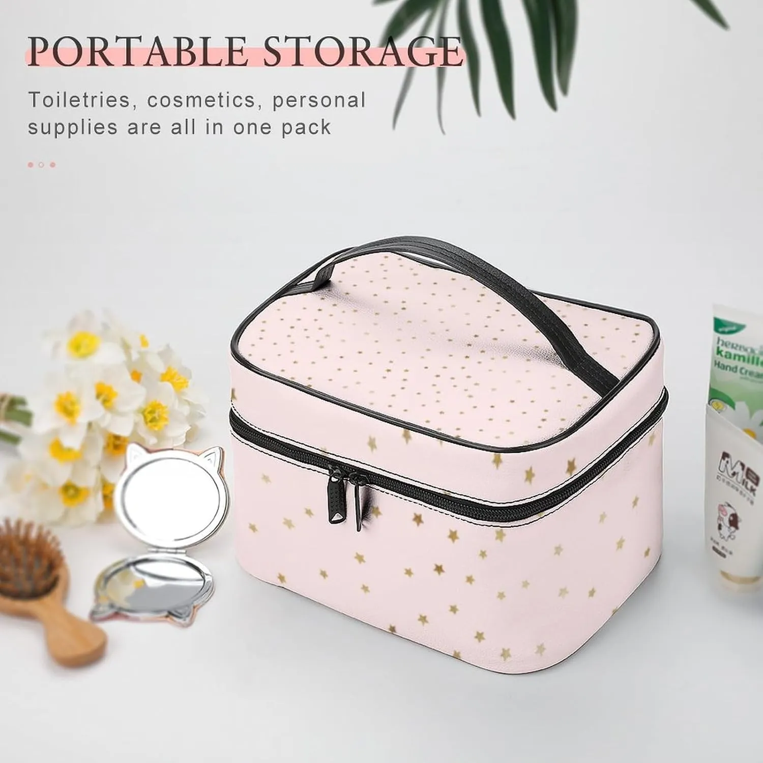 Leather Cosmetic Case, Pink and Gold Star Portable Makeup Bag Organizer Large Capacity Travel Toiletry Bag with Zipper
