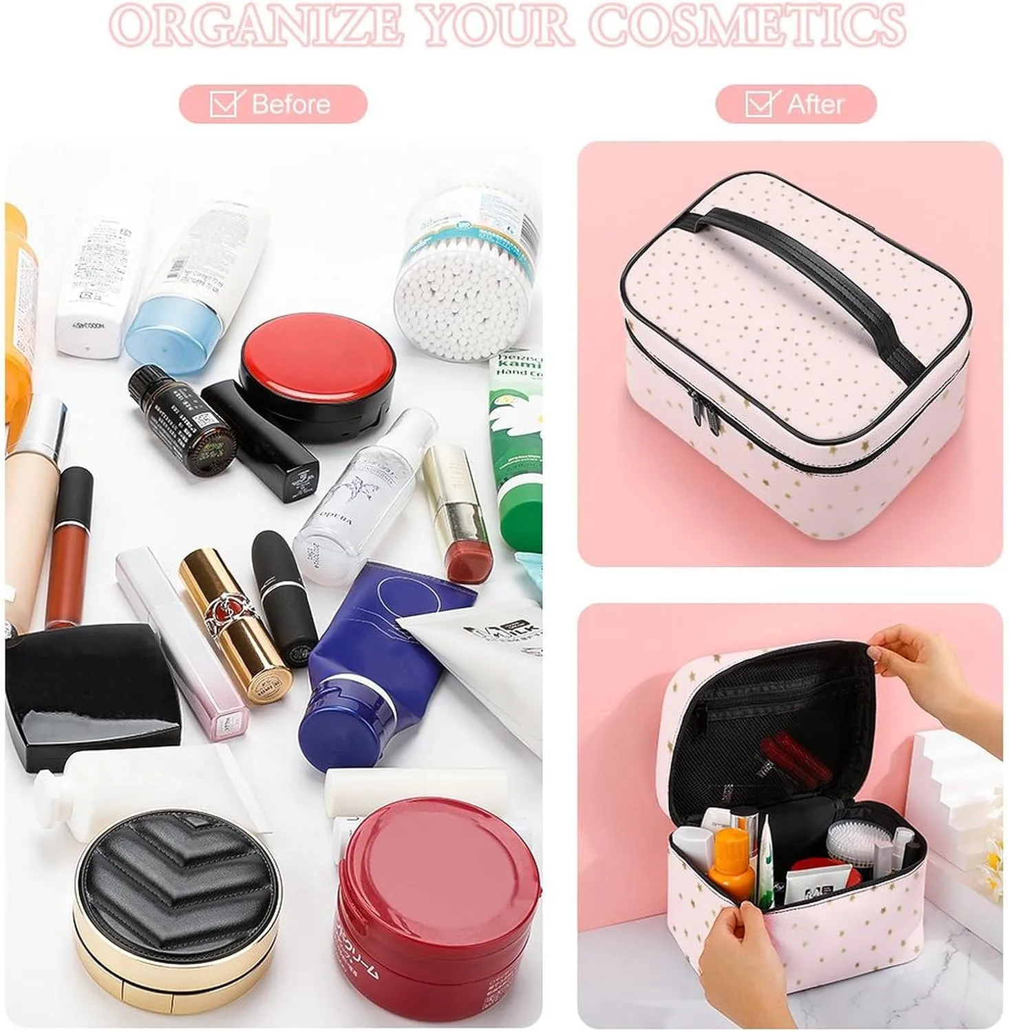 Leather Cosmetic Case, Pink and Gold Star Portable Makeup Bag Organizer Large Capacity Travel Toiletry Bag with Zipper