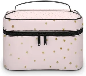 Leather Cosmetic Case, Pink and Gold Star Portable Makeup Bag Organizer Large Capacity Travel Toiletry Bag with Zipper
