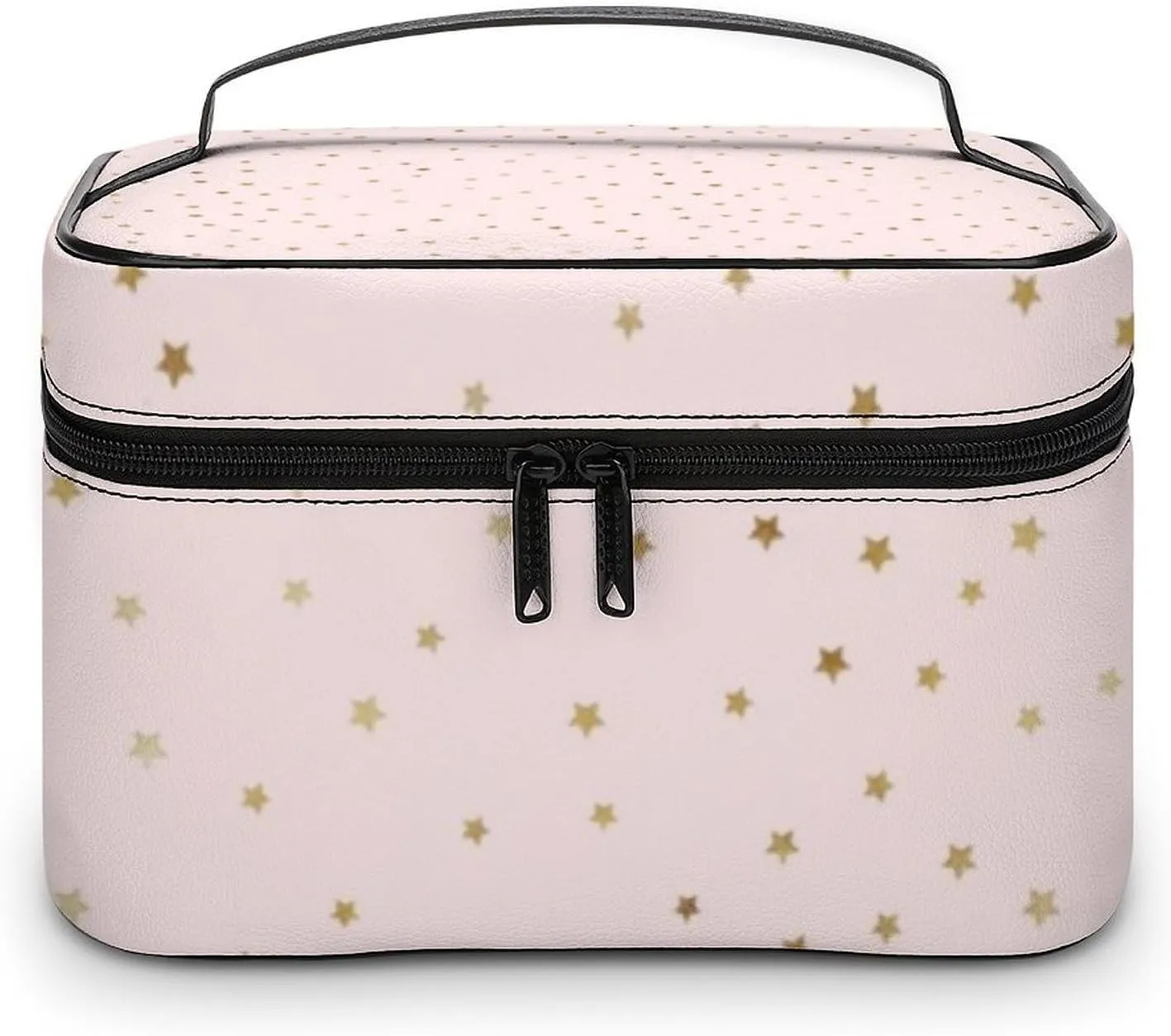 Leather Cosmetic Case, Pink and Gold Star Portable Makeup Bag Organizer Large Capacity Travel Toiletry Bag with Zipper