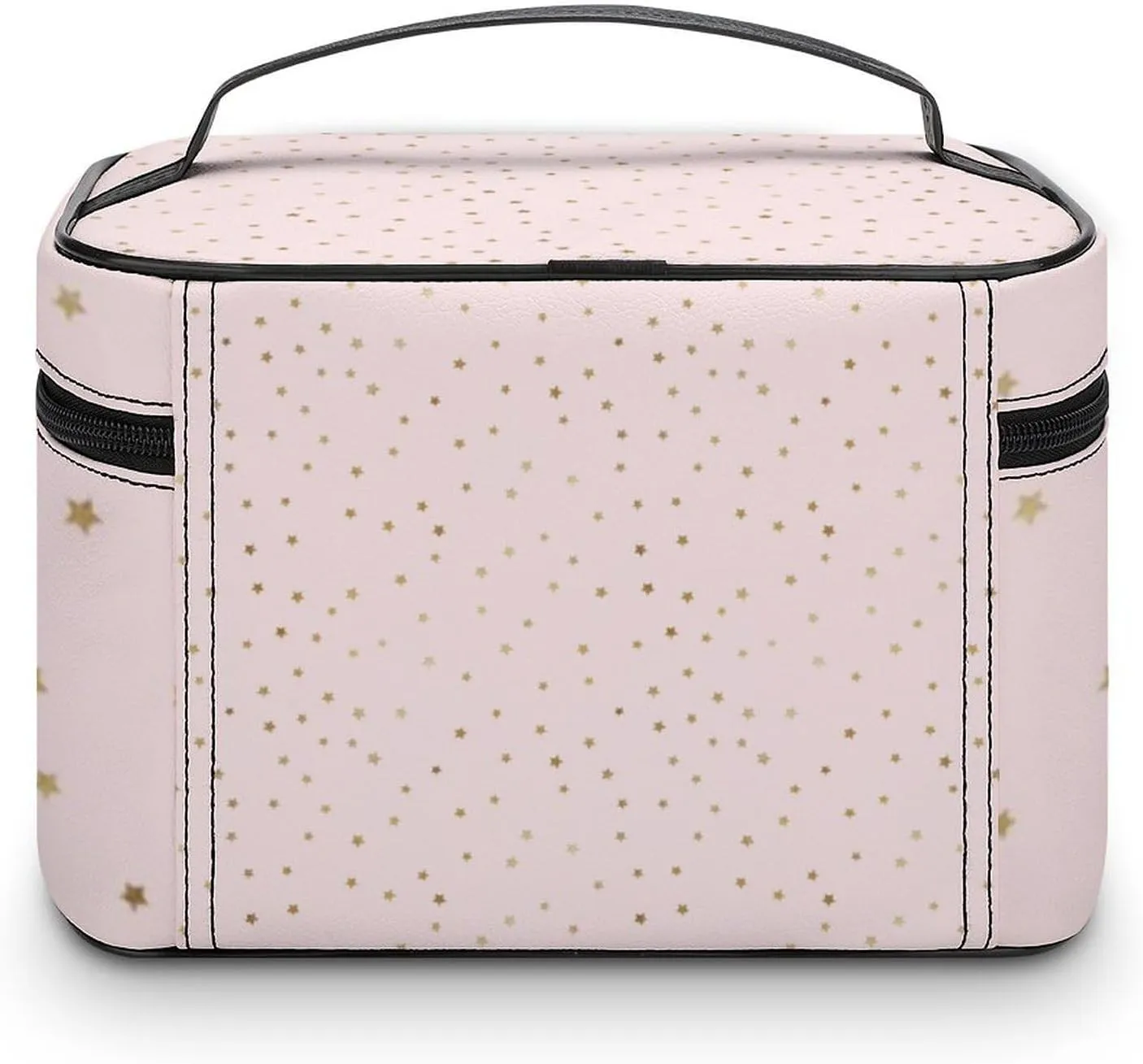 Leather Cosmetic Case, Pink and Gold Star Portable Makeup Bag Organizer Large Capacity Travel Toiletry Bag with Zipper