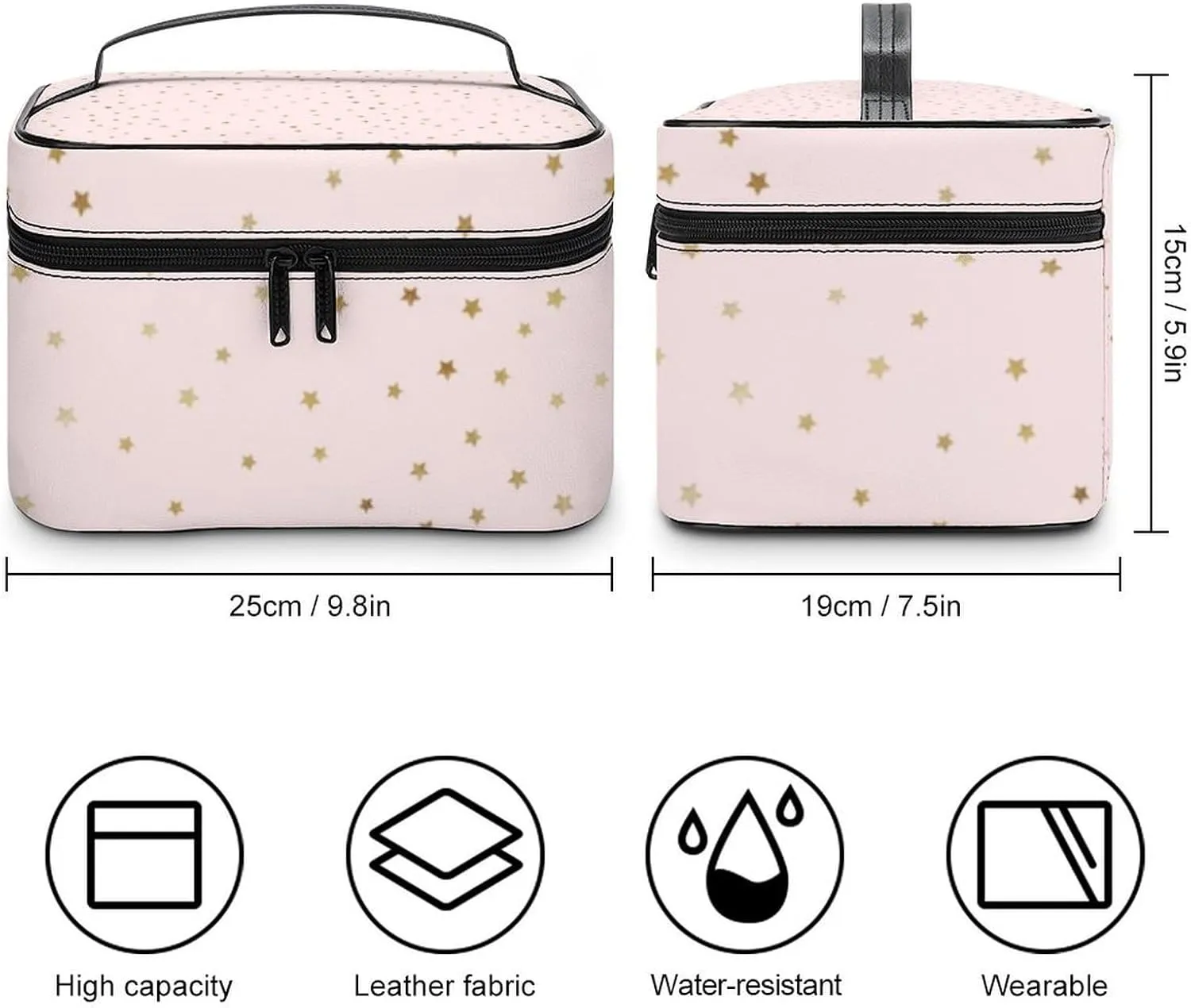 Leather Cosmetic Case, Pink and Gold Star Portable Makeup Bag Organizer Large Capacity Travel Toiletry Bag with Zipper