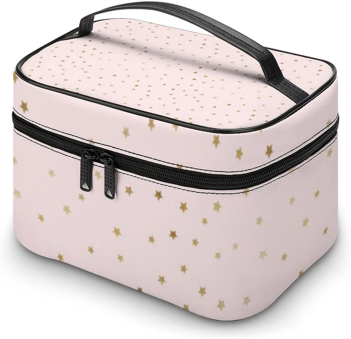 Leather Cosmetic Case, Pink and Gold Star Portable Makeup Bag Organizer Large Capacity Travel Toiletry Bag with Zipper