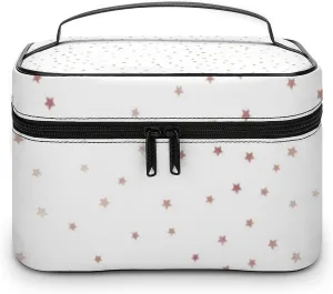 Leather Cosmetic Case, Rose Gold and White Star Portable Makeup Bag Organizer Large Capacity Travel Toiletry Bag with Zipper