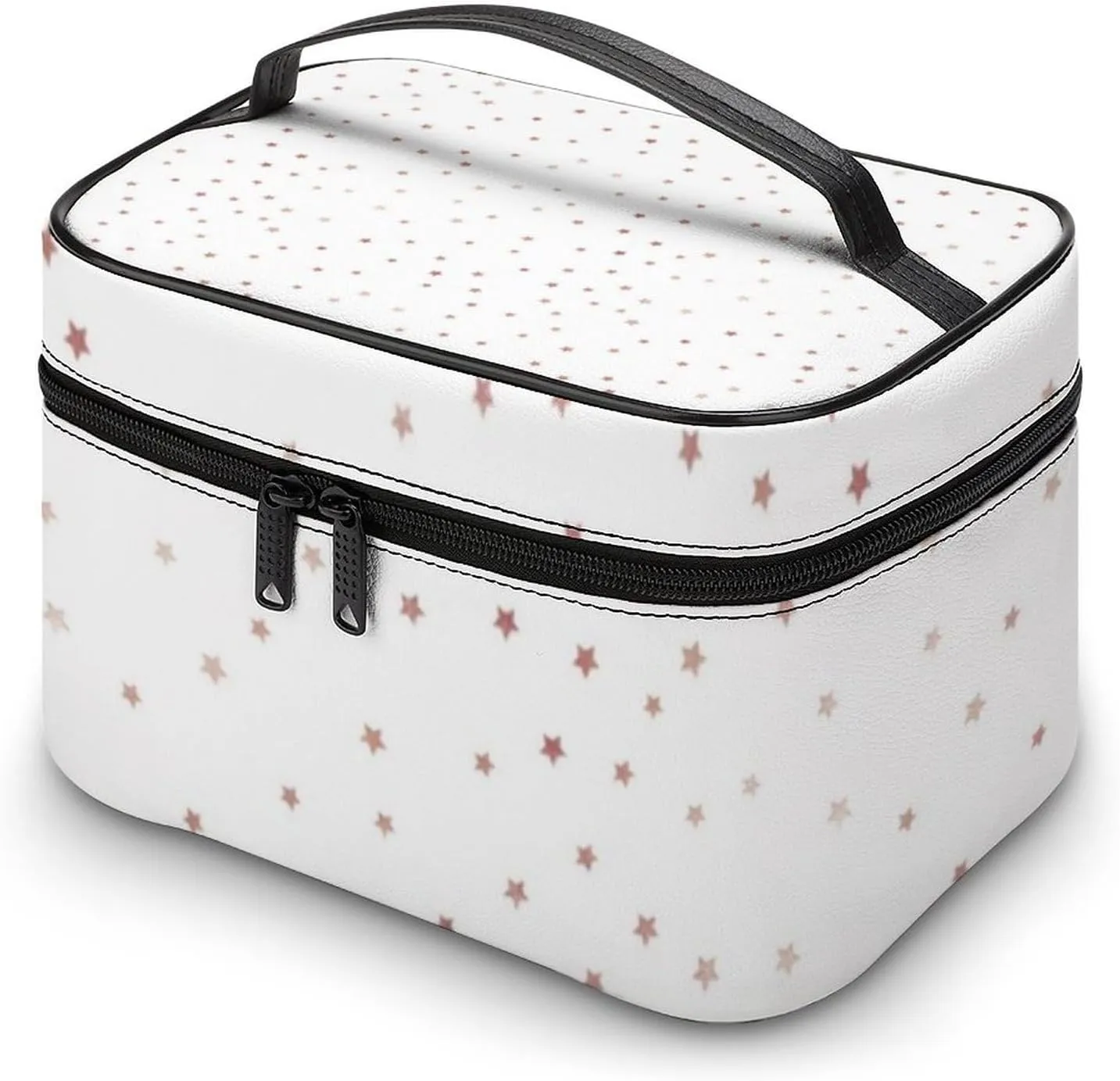 Leather Cosmetic Case, Rose Gold and White Star Portable Makeup Bag Organizer Large Capacity Travel Toiletry Bag with Zipper