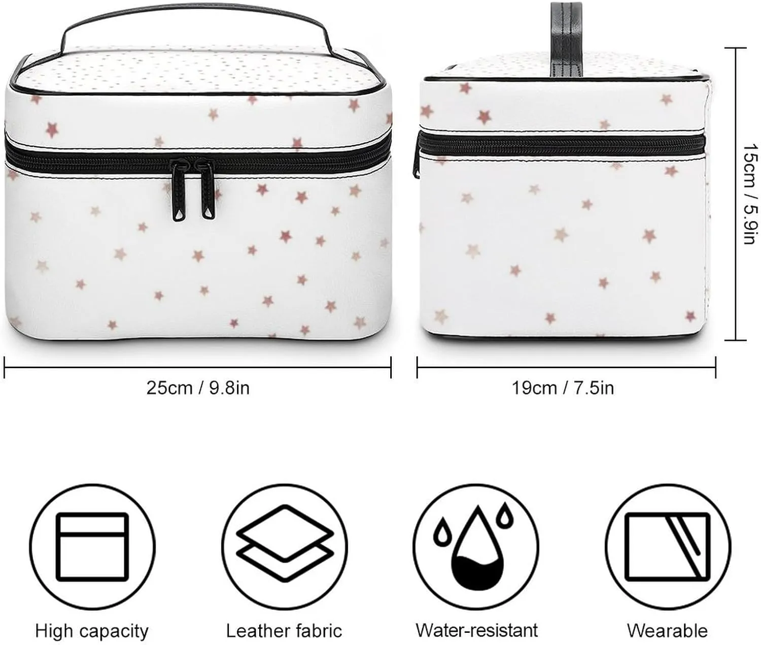 Leather Cosmetic Case, Rose Gold and White Star Portable Makeup Bag Organizer Large Capacity Travel Toiletry Bag with Zipper