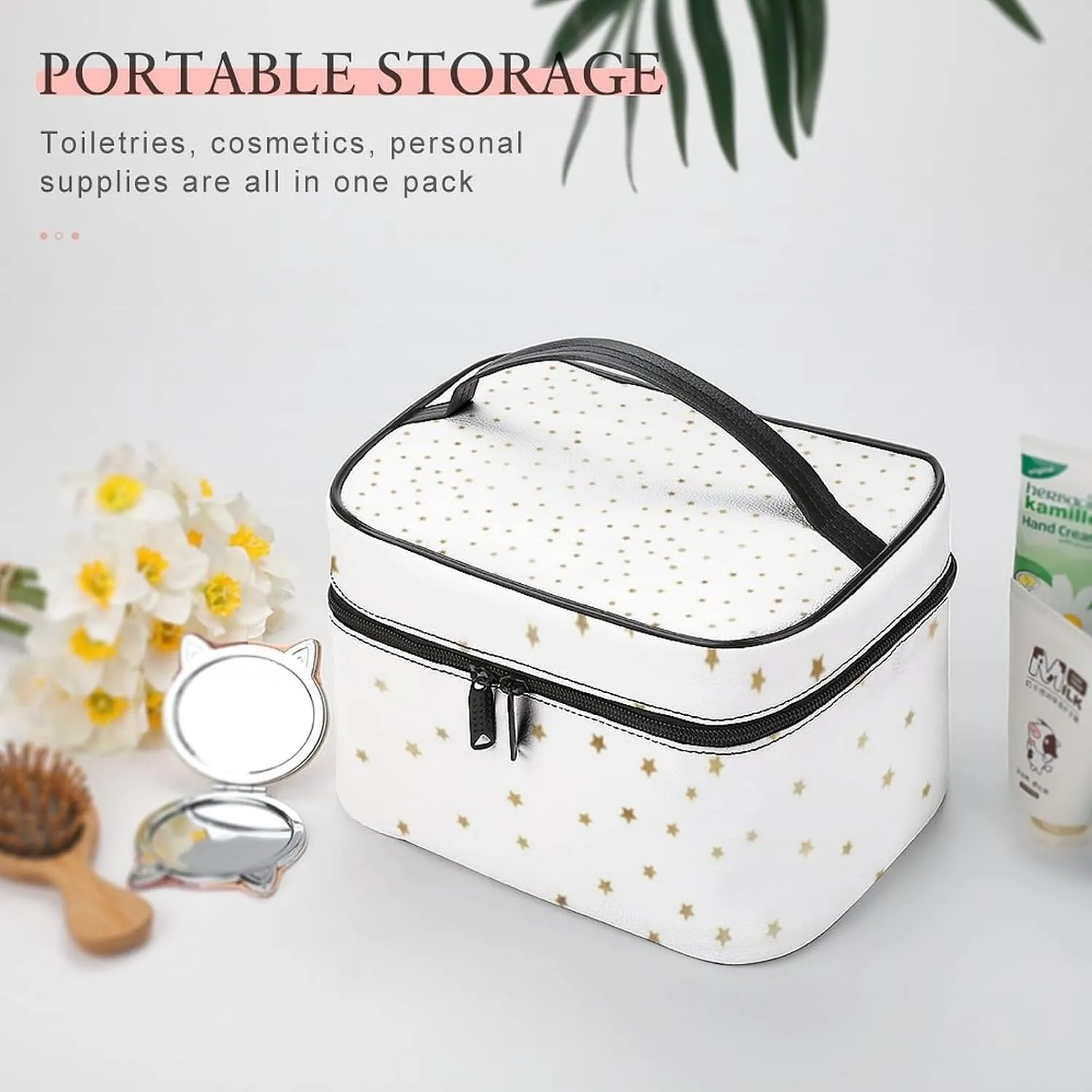 Leather Cosmetic Case, White and Gold Star Portable Makeup Bag Organizer Large Capacity Travel Toiletry Bag with Zipper