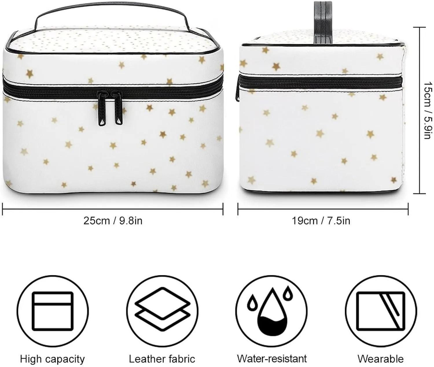 Leather Cosmetic Case, White and Gold Star Portable Makeup Bag Organizer Large Capacity Travel Toiletry Bag with Zipper