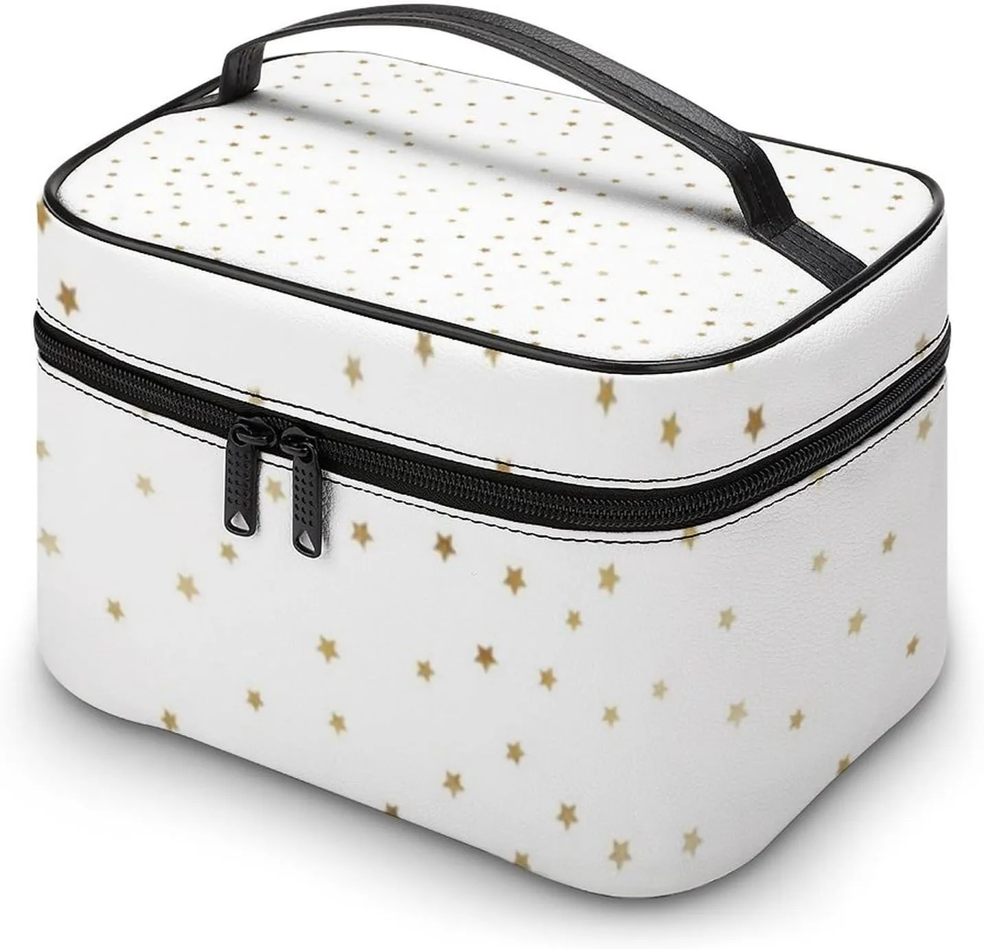Leather Cosmetic Case, White and Gold Star Portable Makeup Bag Organizer Large Capacity Travel Toiletry Bag with Zipper