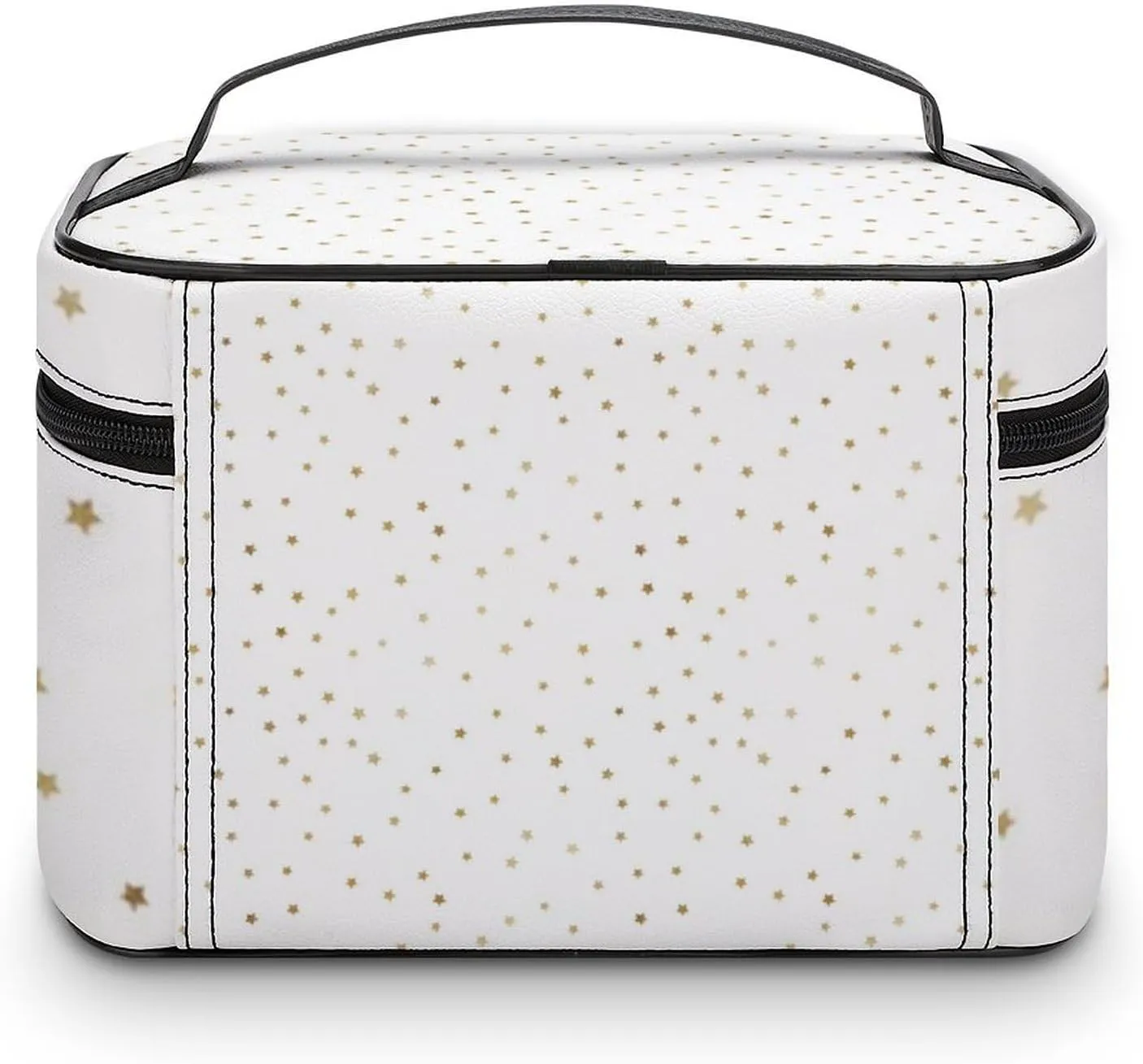 Leather Cosmetic Case, White and Gold Star Portable Makeup Bag Organizer Large Capacity Travel Toiletry Bag with Zipper