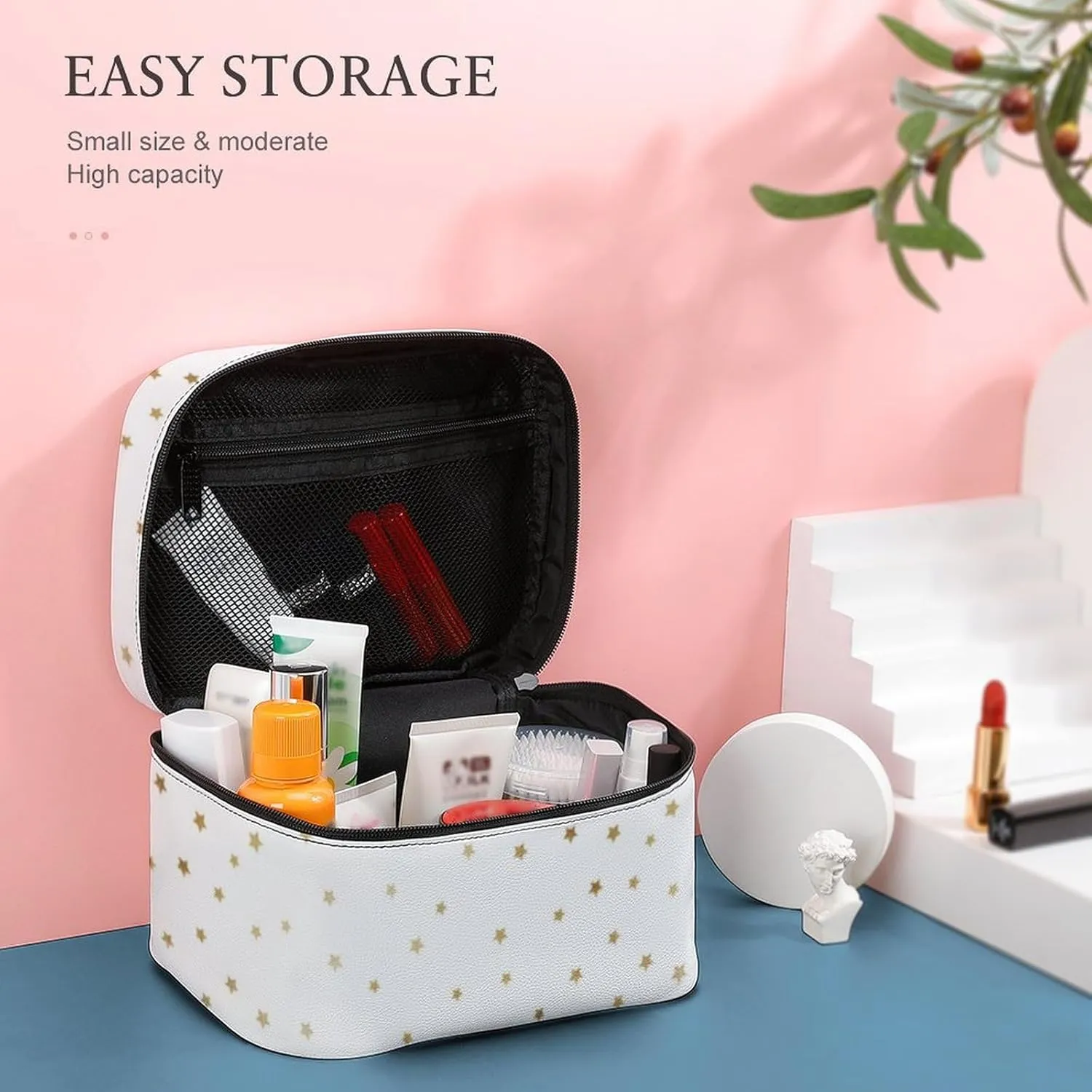 Leather Cosmetic Case, White and Gold Star Portable Makeup Bag Organizer Large Capacity Travel Toiletry Bag with Zipper