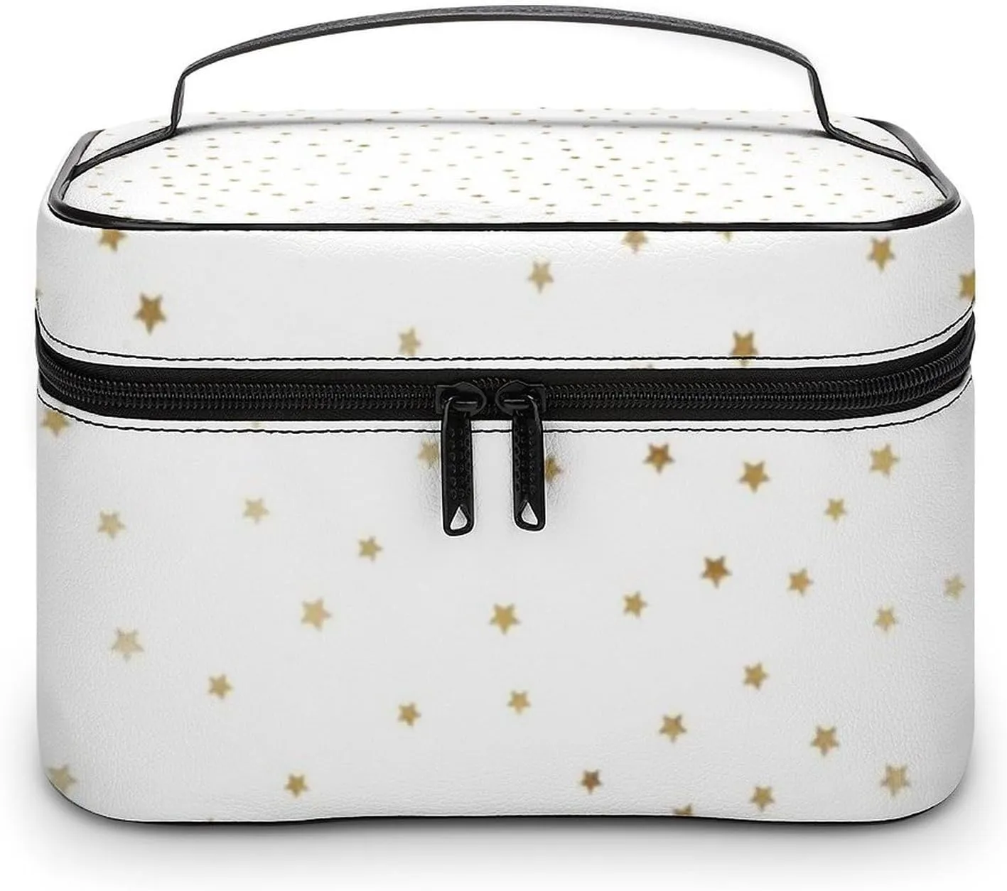 Leather Cosmetic Case, White and Gold Star Portable Makeup Bag Organizer Large Capacity Travel Toiletry Bag with Zipper