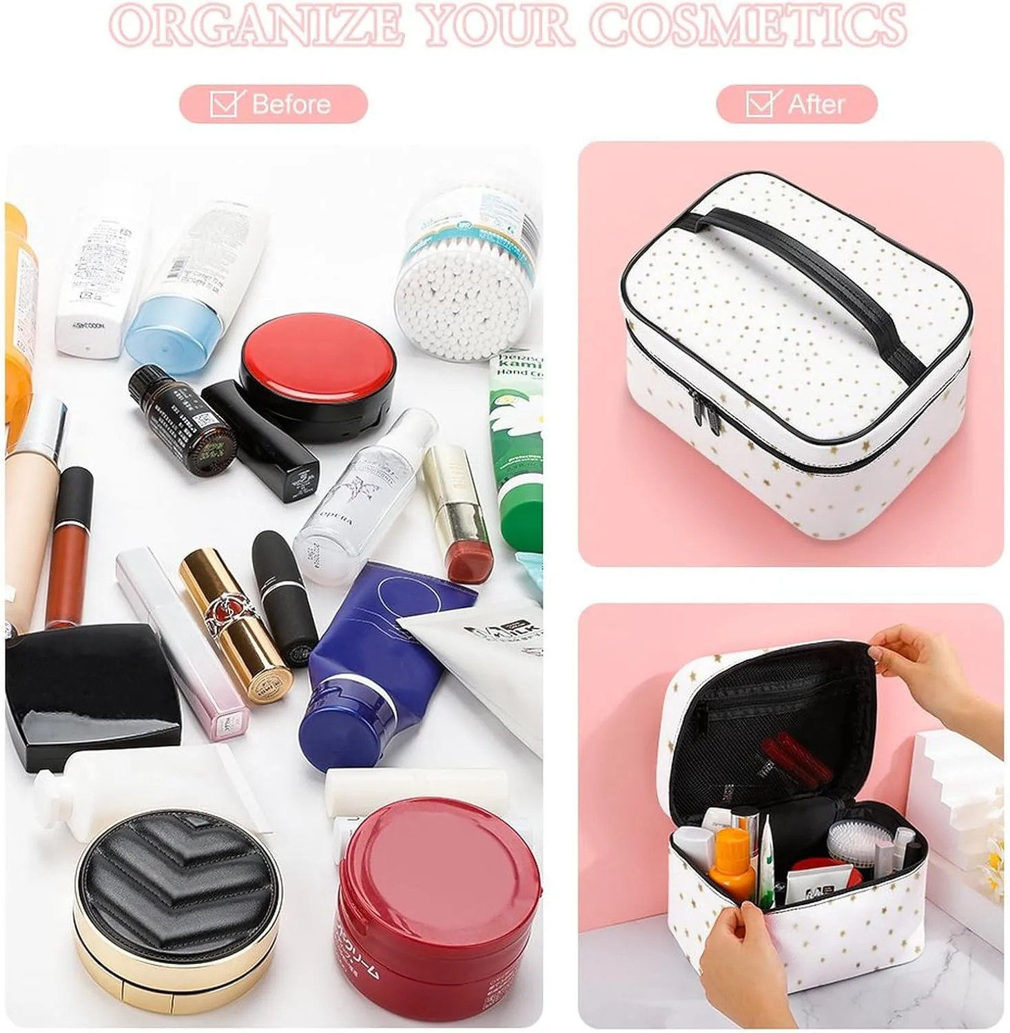 Leather Cosmetic Case, White and Gold Star Portable Makeup Bag Organizer Large Capacity Travel Toiletry Bag with Zipper