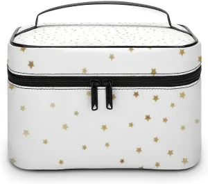 Leather Cosmetic Case, White and Gold Star Portable Makeup Bag Organizer Large Capacity Travel Toiletry Bag with Zipper