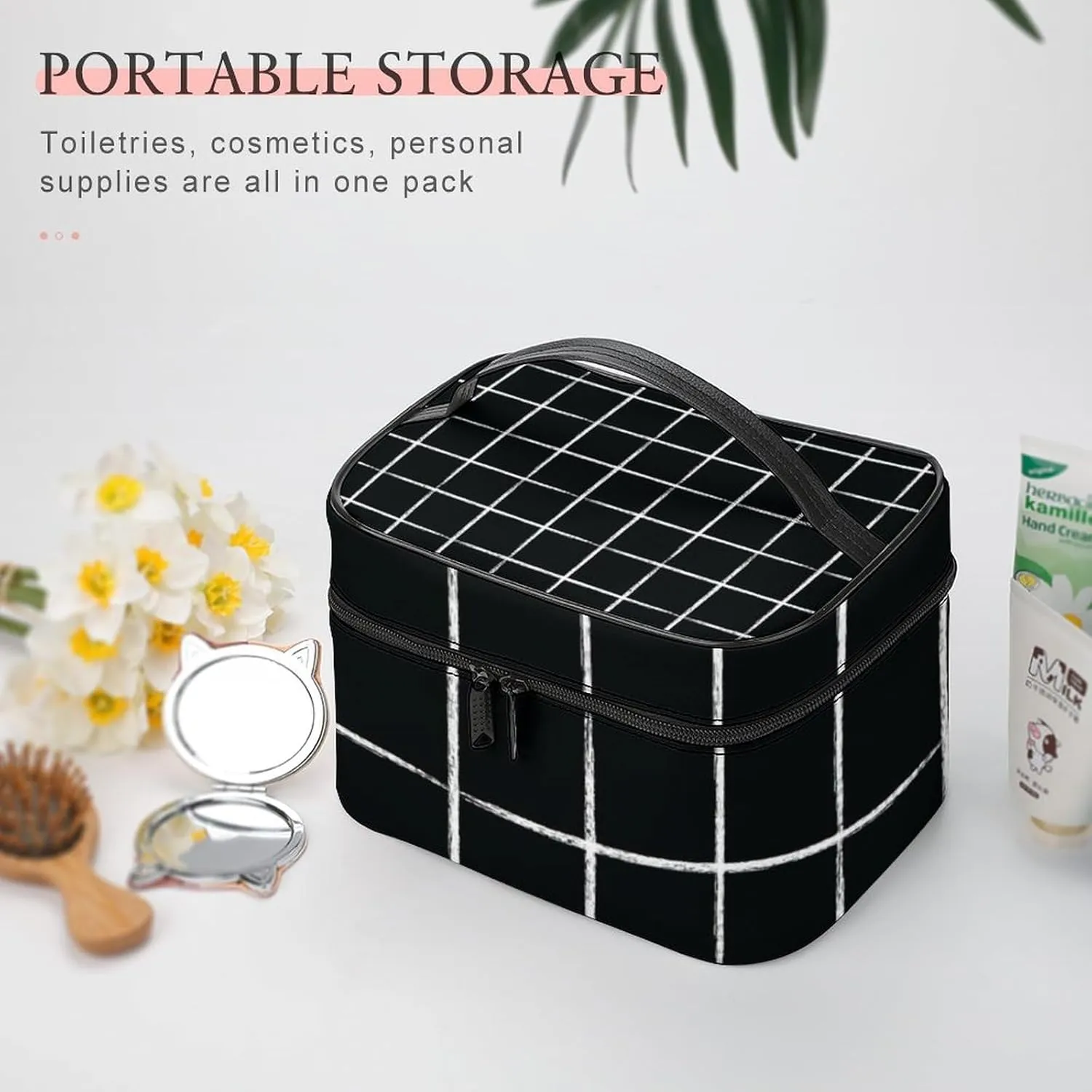 Leather Portable Makeup Bag, Black and White Checkered Modern Minimalist Travel Cosmetic Bag Makeup Organizer Case Large Capacity Zipper Toiletry Bag for Women