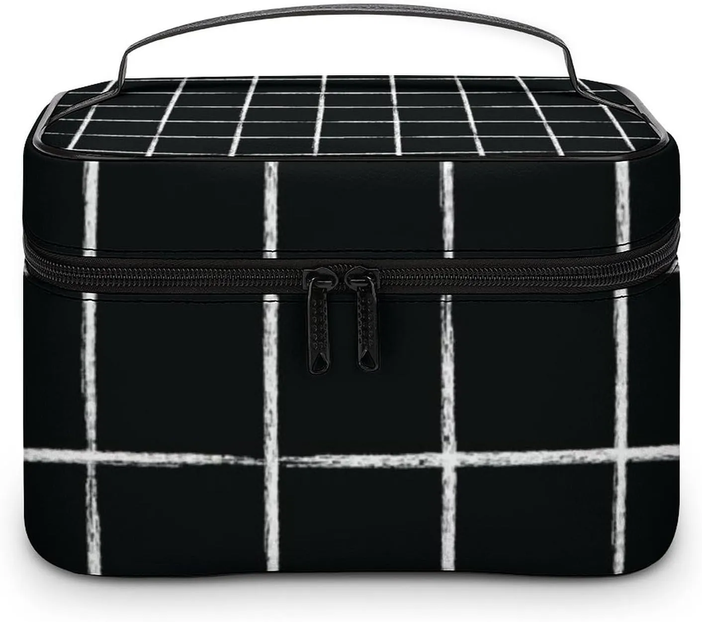 Leather Portable Makeup Bag, Black and White Checkered Modern Minimalist Travel Cosmetic Bag Makeup Organizer Case Large Capacity Zipper Toiletry Bag for Women