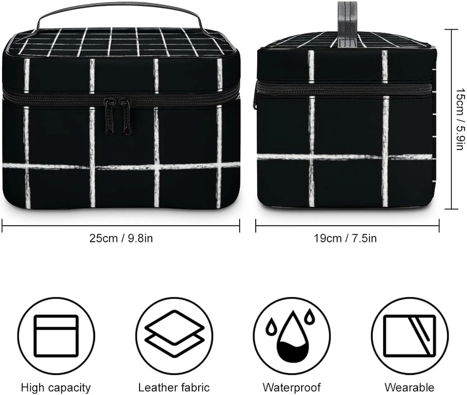 Leather Portable Makeup Bag, Black and White Checkered Modern Minimalist Travel Cosmetic Bag Makeup Organizer Case Large Capacity Zipper Toiletry Bag for Women