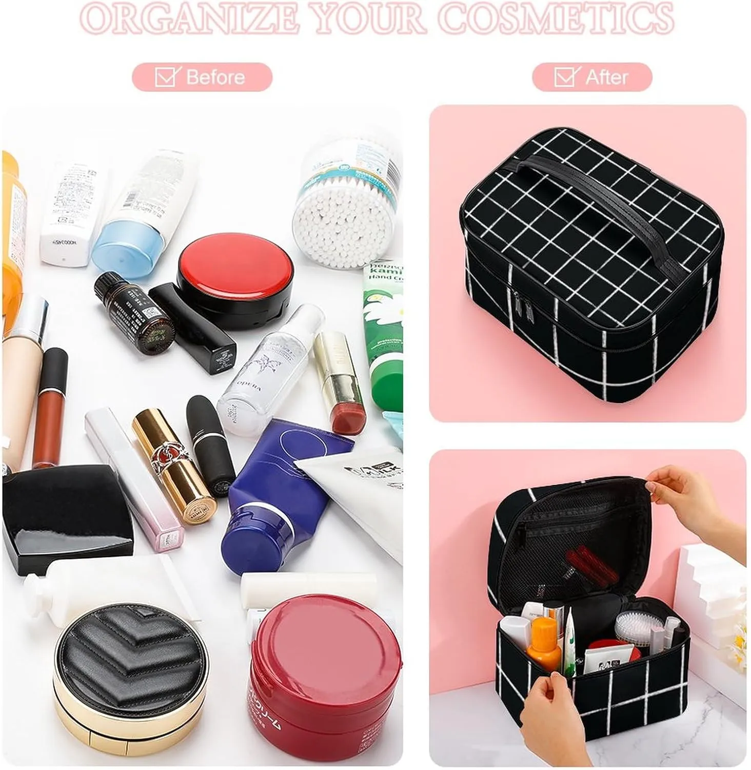 Leather Portable Makeup Bag, Black and White Checkered Modern Minimalist Travel Cosmetic Bag Makeup Organizer Case Large Capacity Zipper Toiletry Bag for Women