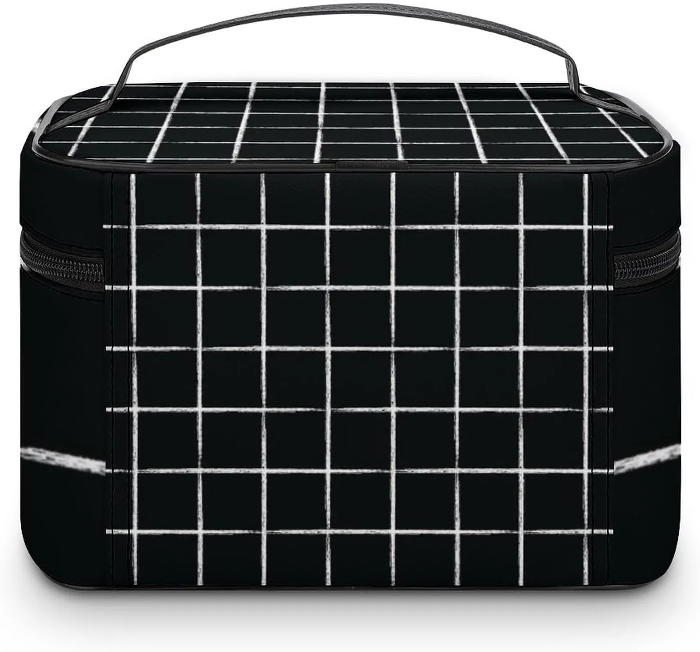 Leather Portable Makeup Bag, Black and White Checkered Modern Minimalist Travel Cosmetic Bag Makeup Organizer Case Large Capacity Zipper Toiletry Bag for Women