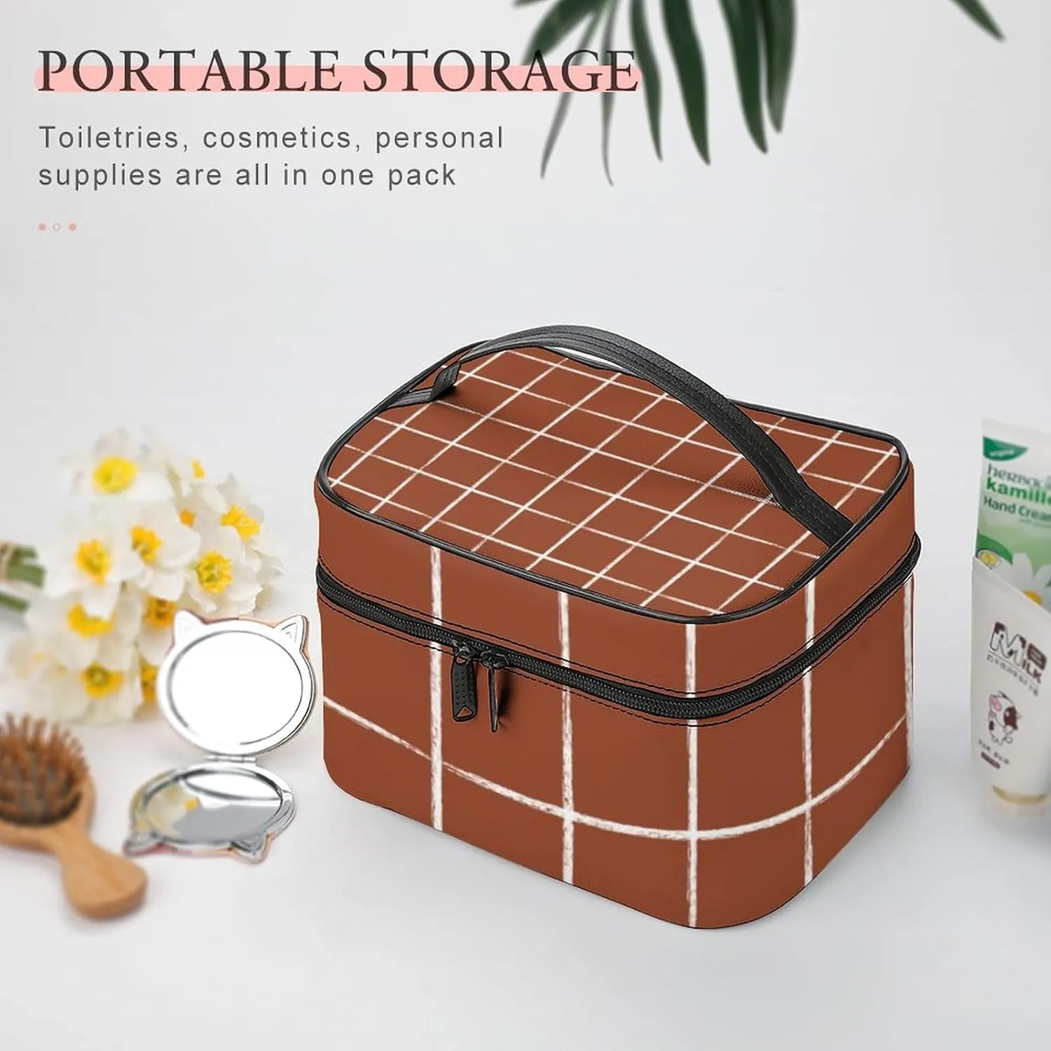 Leather Portable Makeup Bag, Rust Checkered Modern Minimalist Travel Cosmetic Bag Makeup Organizer Case Large Capacity Zipper Toiletry Bag for Women