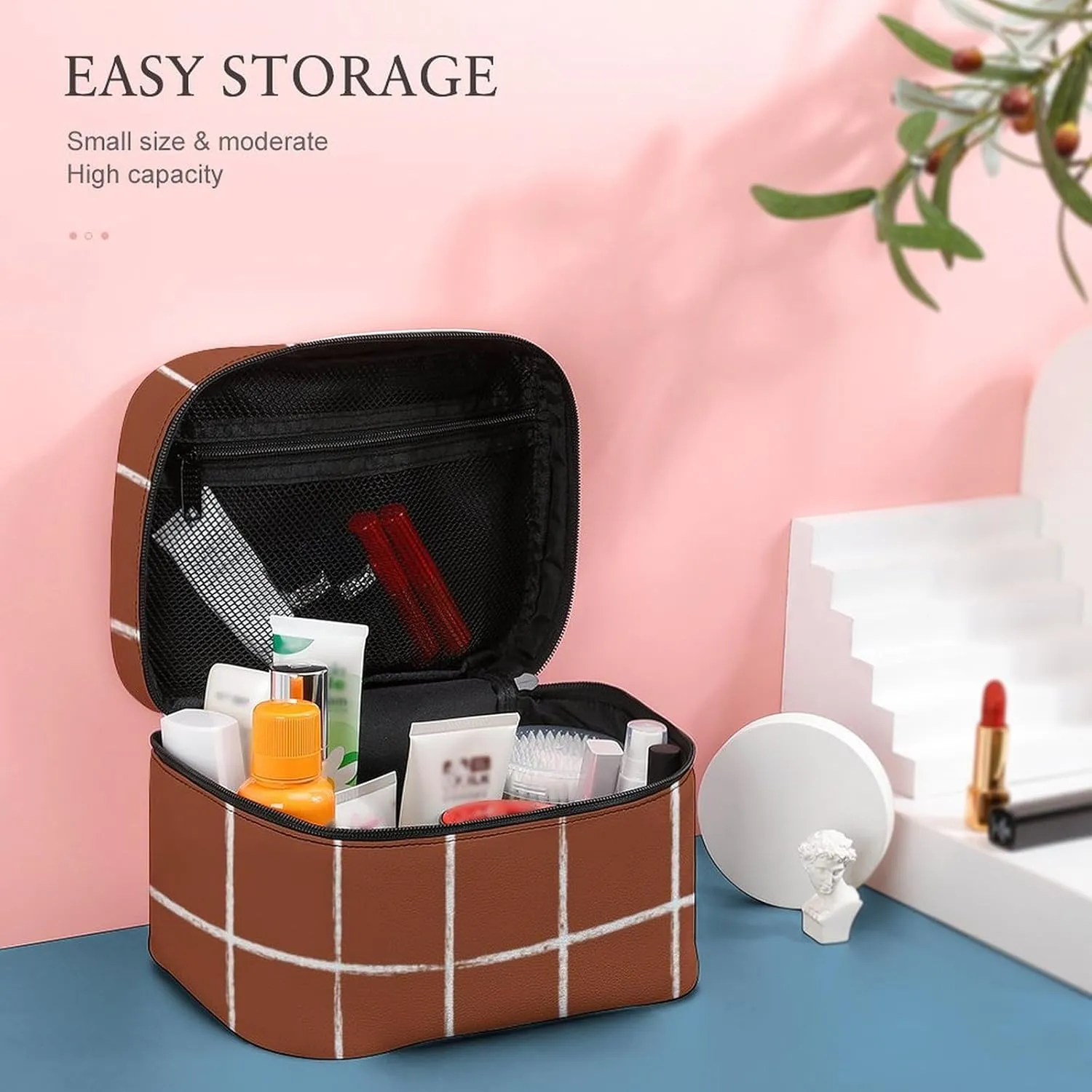 Leather Portable Makeup Bag, Rust Checkered Modern Minimalist Travel Cosmetic Bag Makeup Organizer Case Large Capacity Zipper Toiletry Bag for Women