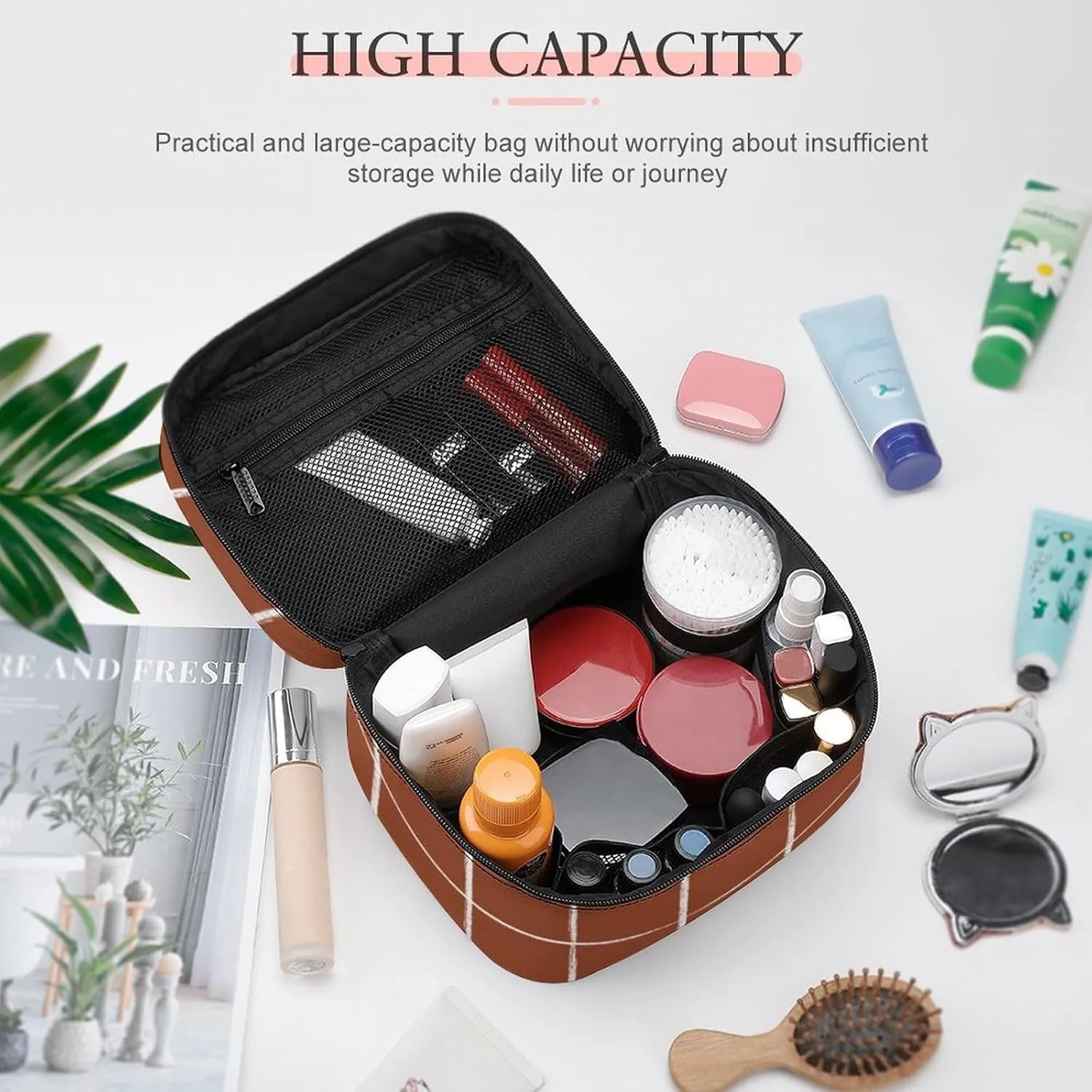Leather Portable Makeup Bag, Rust Checkered Modern Minimalist Travel Cosmetic Bag Makeup Organizer Case Large Capacity Zipper Toiletry Bag for Women