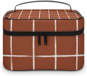 Leather Portable Makeup Bag, Rust Checkered Modern Minimalist Travel Cosmetic Bag Makeup Organizer Case Large Capacity Zipper Toiletry Bag for Women