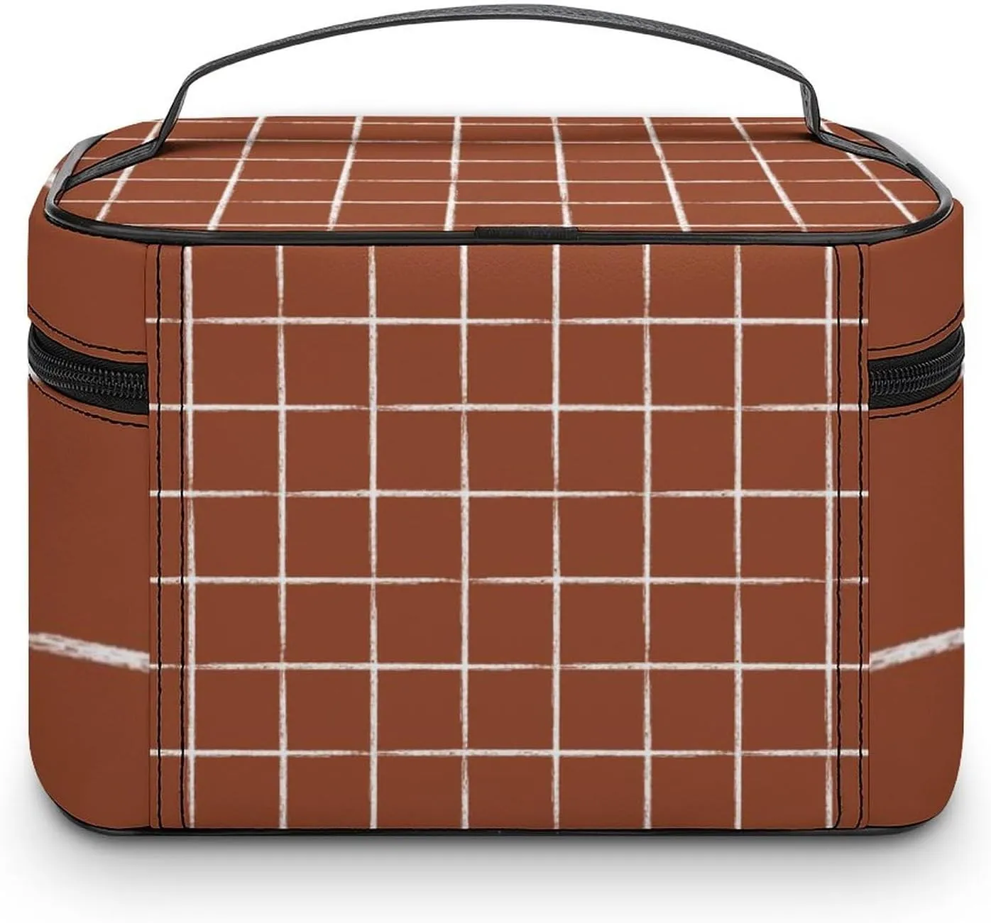 Leather Portable Makeup Bag, Rust Checkered Modern Minimalist Travel Cosmetic Bag Makeup Organizer Case Large Capacity Zipper Toiletry Bag for Women