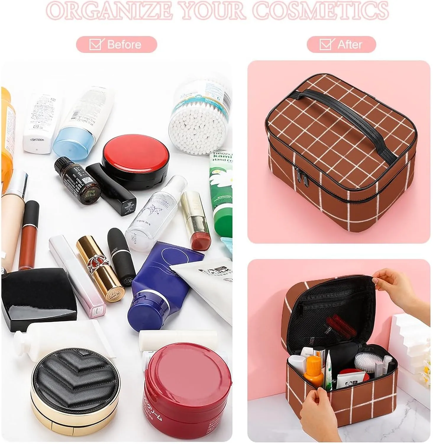 Leather Portable Makeup Bag, Rust Checkered Modern Minimalist Travel Cosmetic Bag Makeup Organizer Case Large Capacity Zipper Toiletry Bag for Women