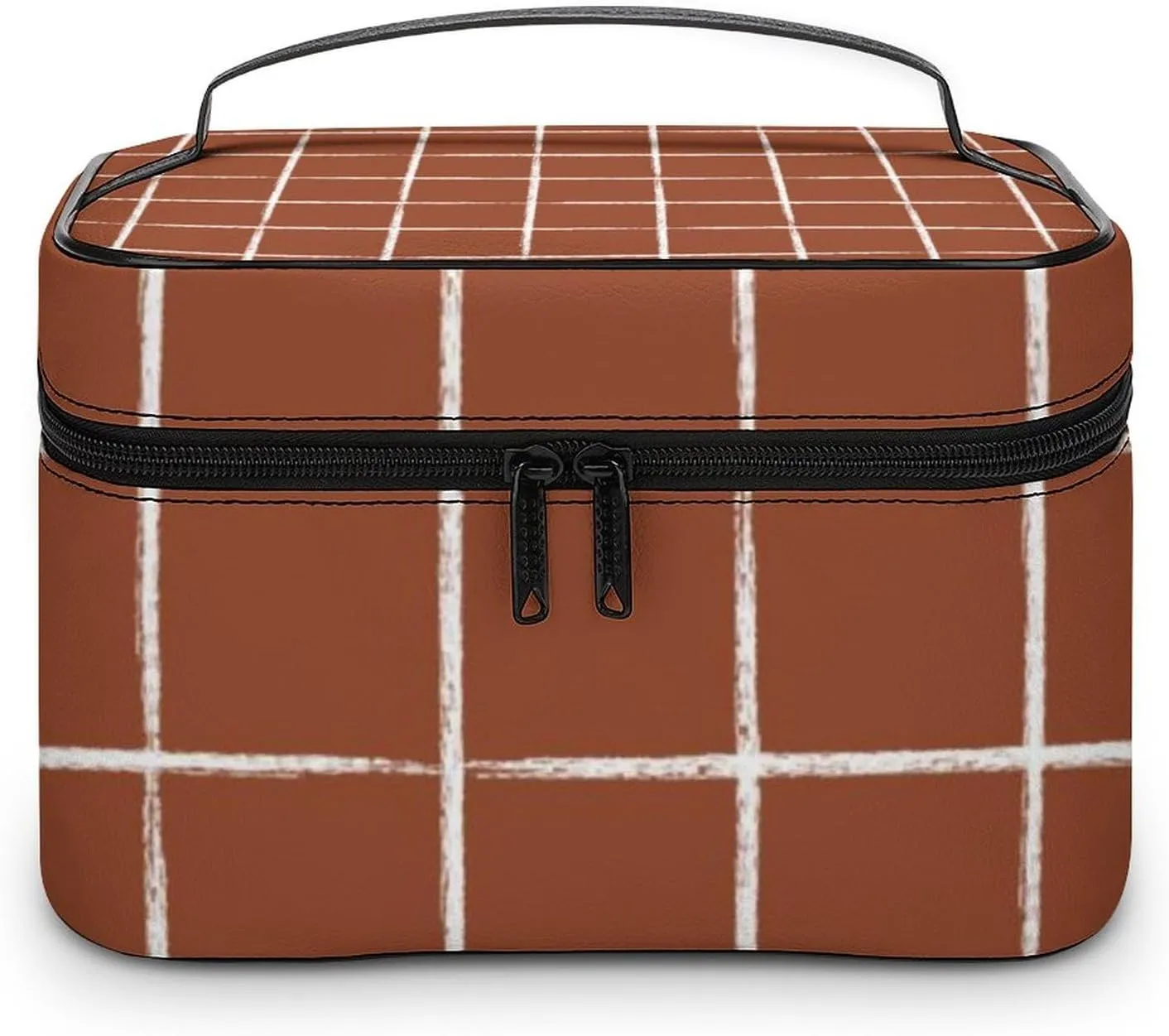 Leather Portable Makeup Bag, Rust Checkered Modern Minimalist Travel Cosmetic Bag Makeup Organizer Case Large Capacity Zipper Toiletry Bag for Women